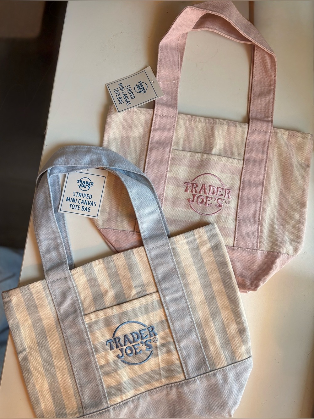 NEW Trader Joe's Striped Canvas Mini Tote Bags Set of 2 - Pink and Blue